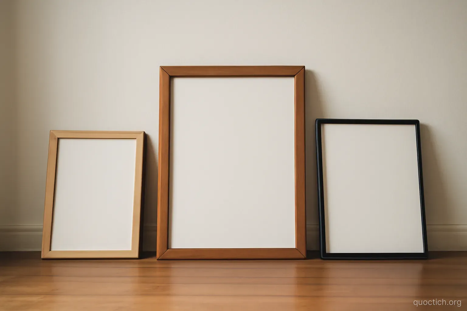 three separate empty picture frames leaning against a plain wall at different angles