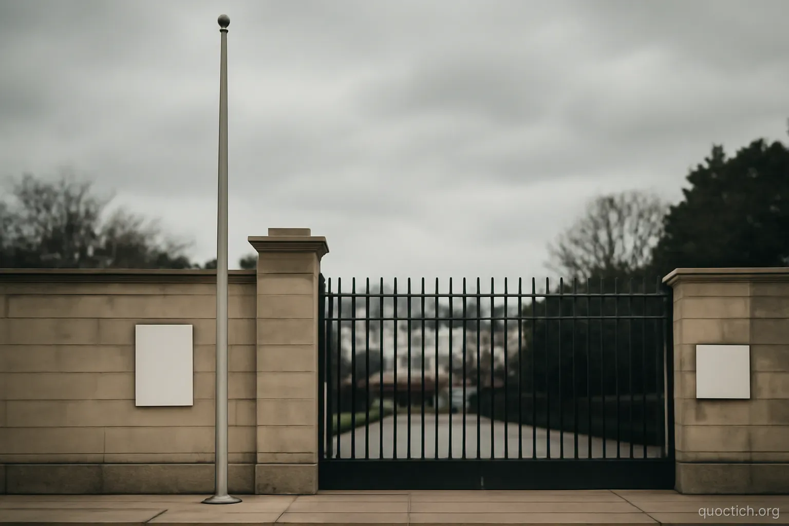 a flagpole without a flag standing beside a closed embassy style gate, overcast sky