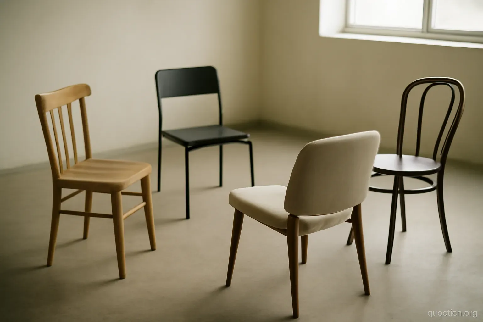 four empty chairs of different styles arranged in a loose circle in a bare room