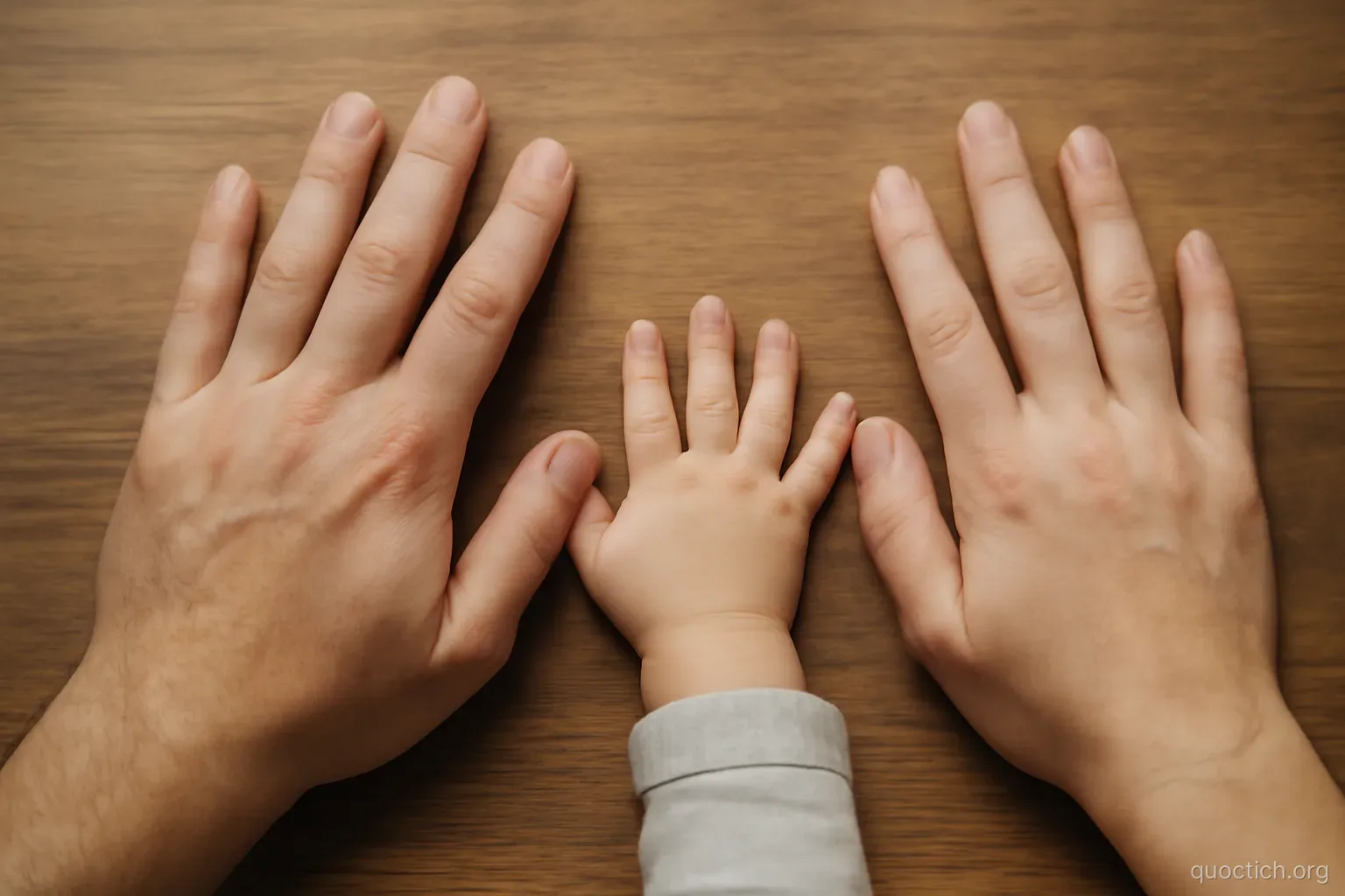 two adult hands and one small child hand resting side by side on a wooden table seen from directly above
