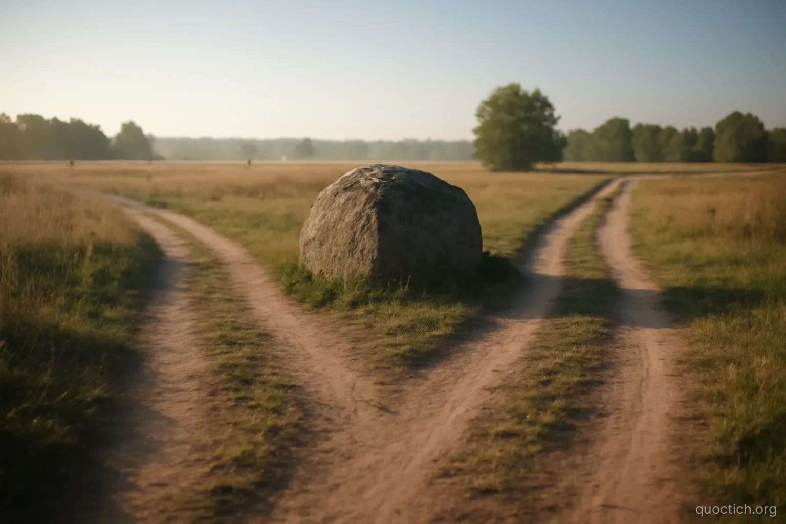 two dirt paths diverging around a large rock in an open field under clear morning light