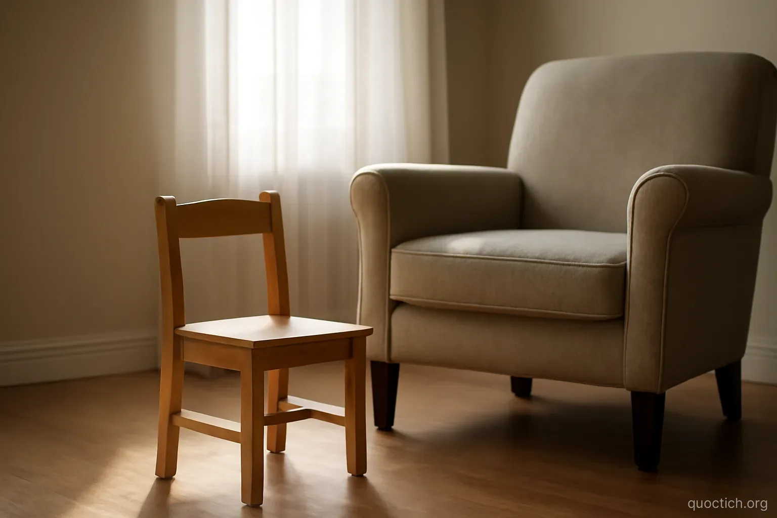 an empty child-sized wooden chair beside a larger armchair in a quiet room with morning light