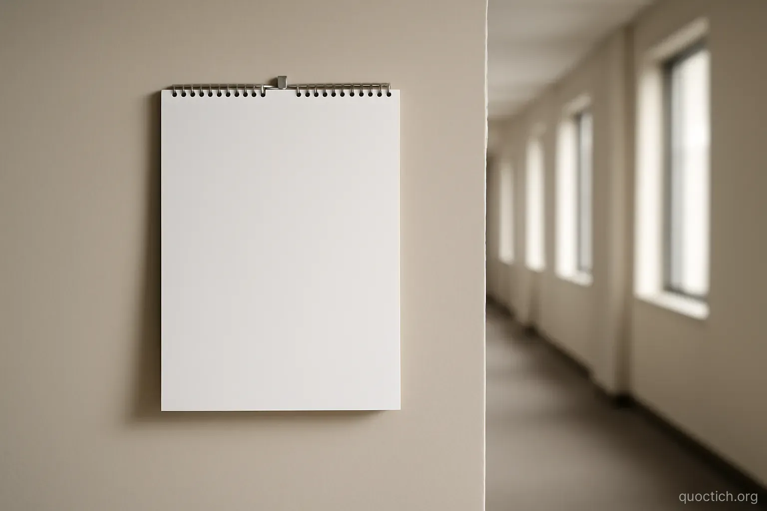 a wall calendar hanging in an empty office corridor with all pages blank, viewed straight on
