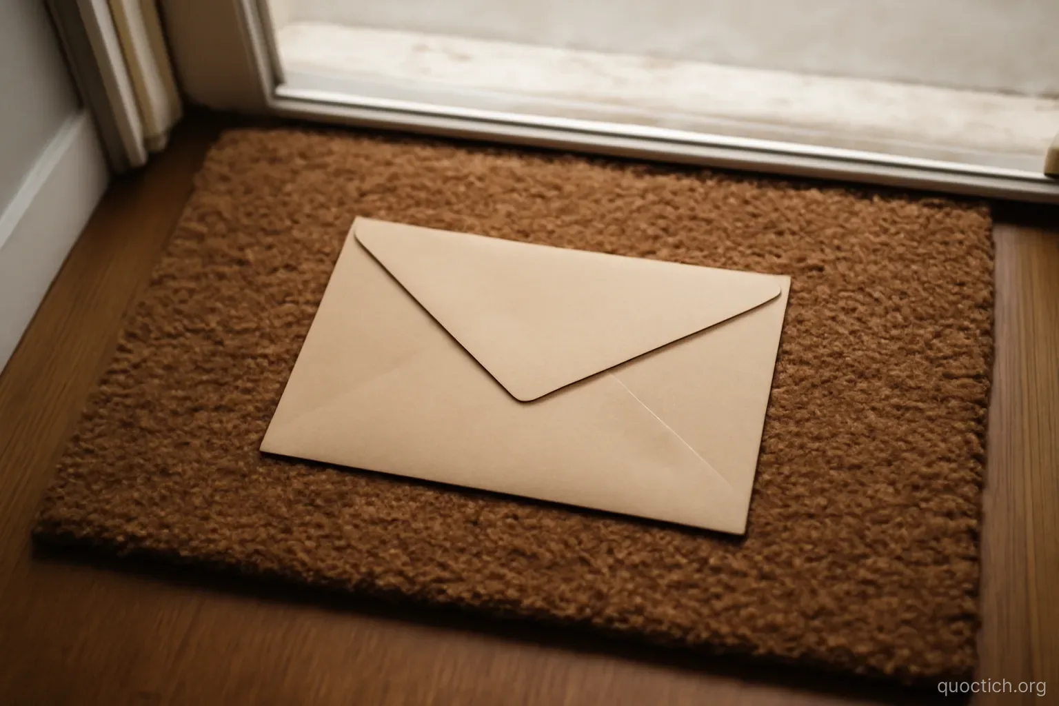 a single unmarked envelope resting on a doormat inside an apartment entrance, viewed from above
