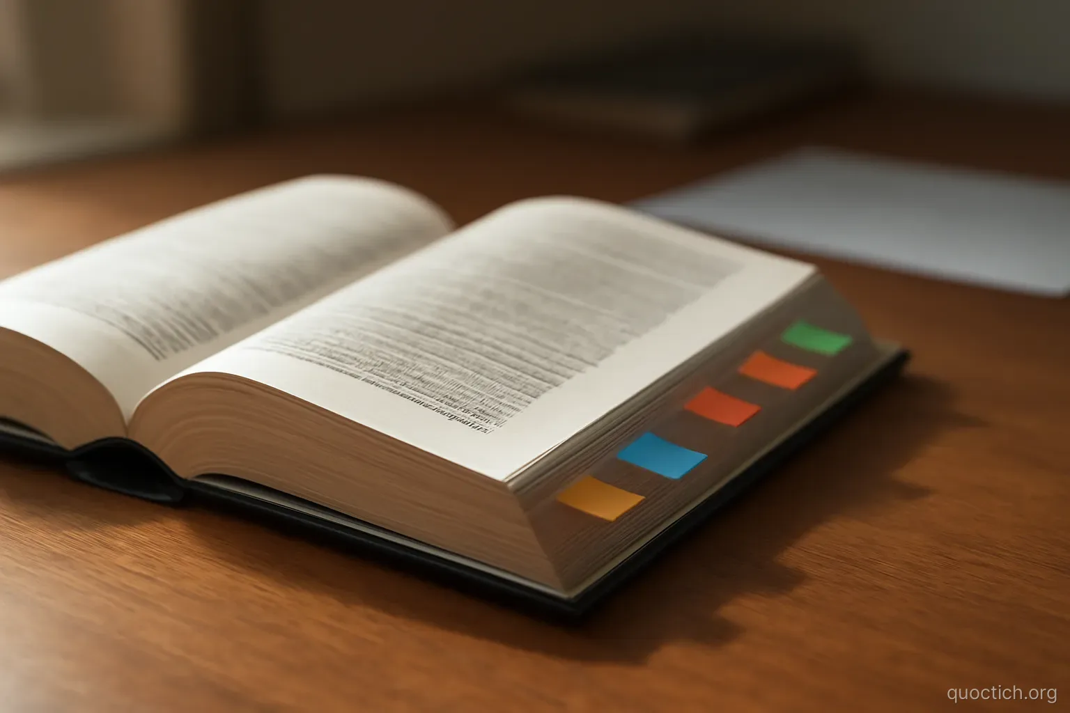 an open law book on a desk with several colored bookmarks protruding from its pages, side lighting