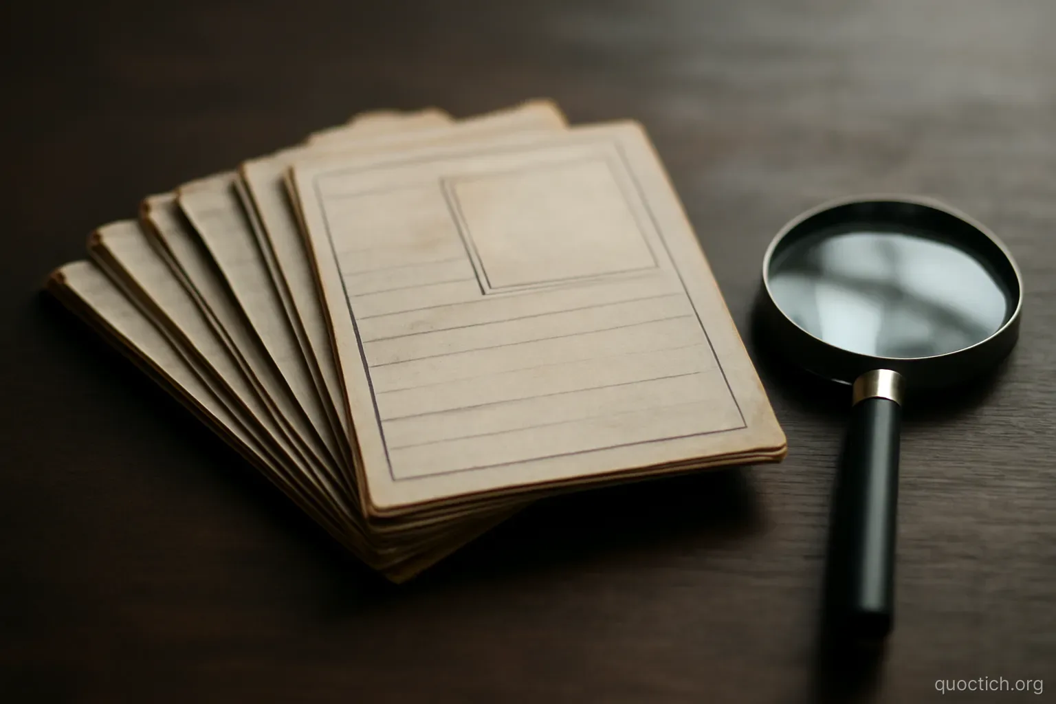 a thin stack of old identity documents fanned out on a dark desk with a magnifying glass resting beside them