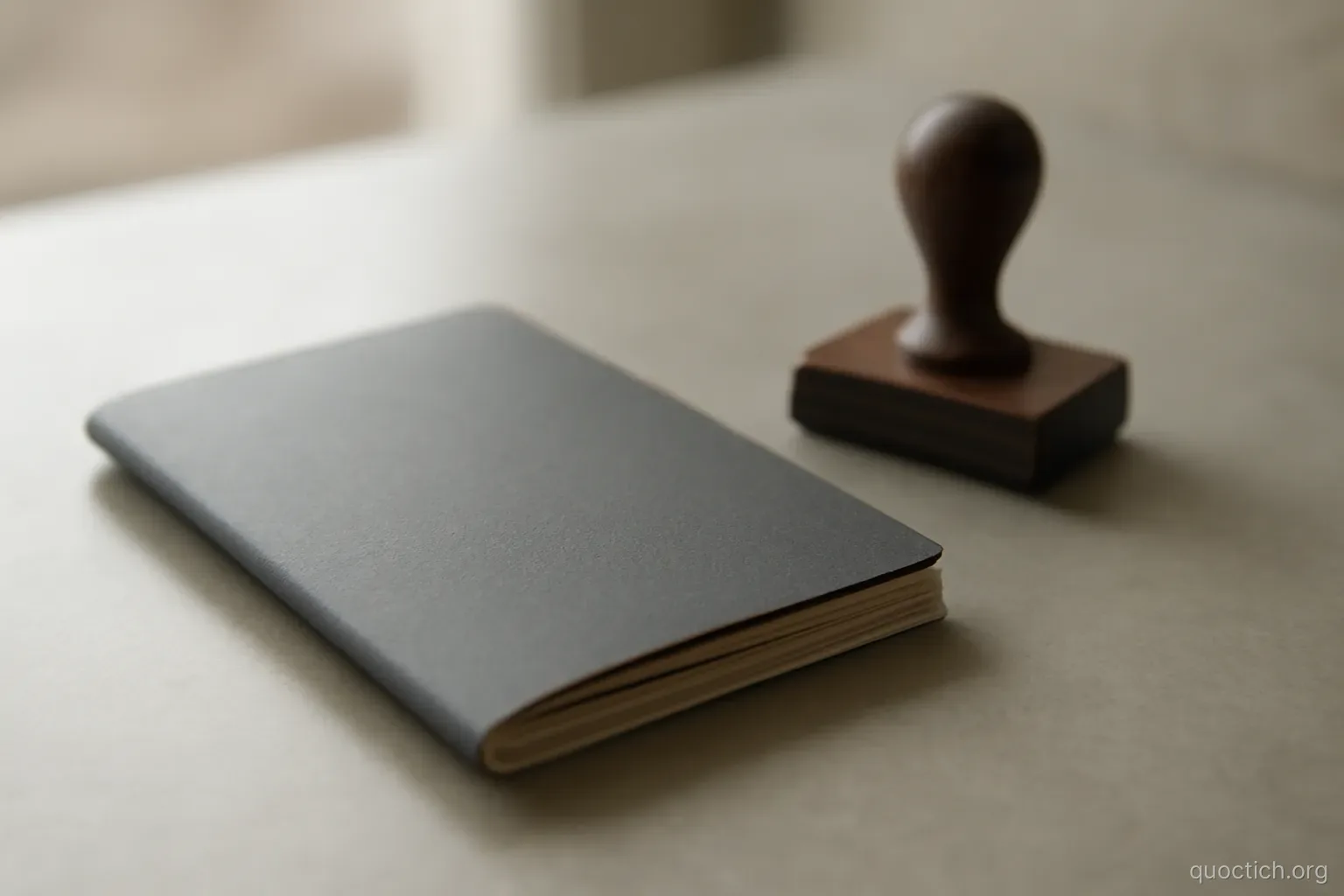 a plain grey travel document booklet closed on a counter beside a rubber stamp holder