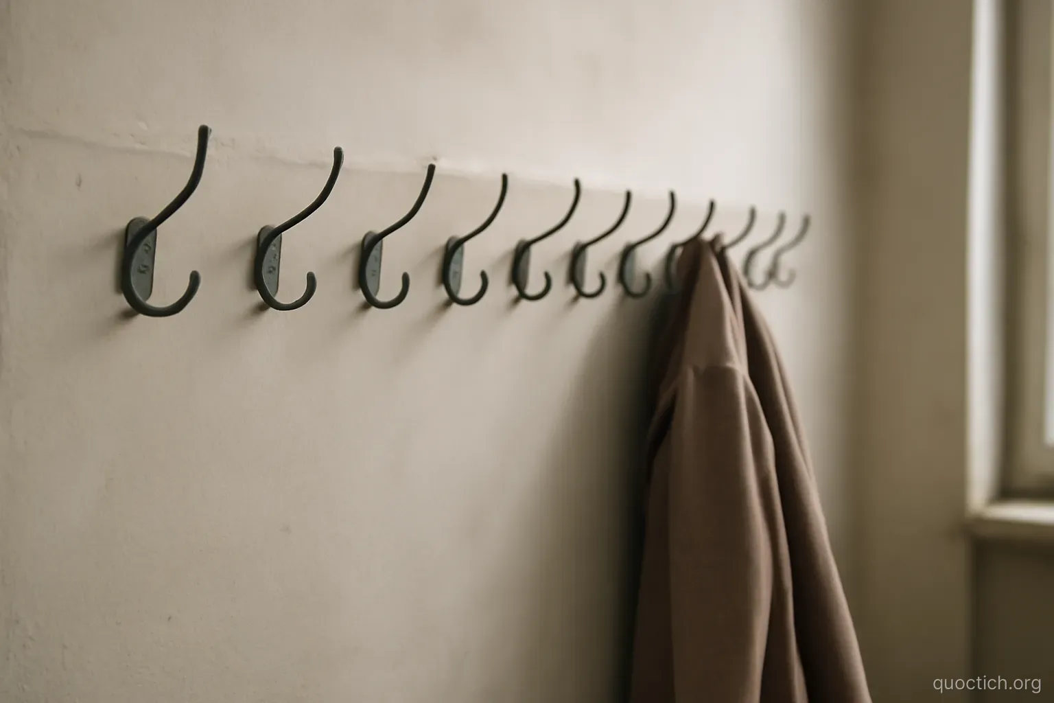 a row of empty coat hooks on a wall with one coat left hanging at the far end