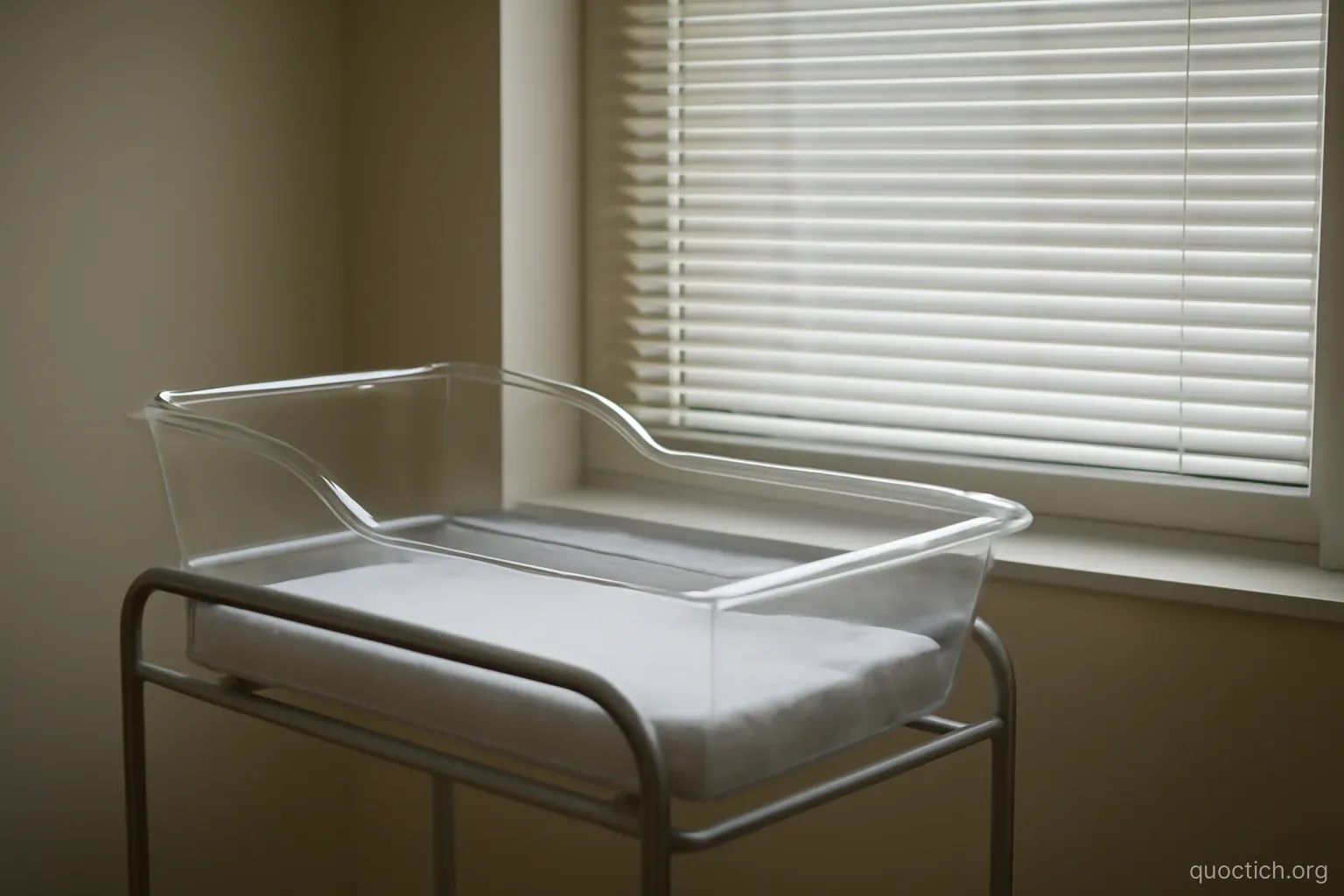 an empty hospital bassinet beside a window with closed blinds, soft even daylight, no people