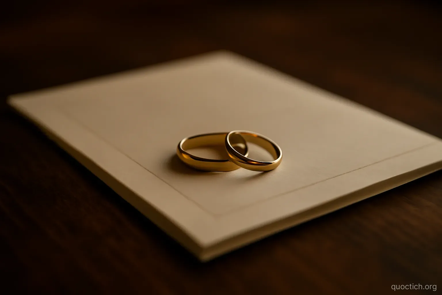 two wedding bands resting on a folded certificate on a dark wooden table, low warm light