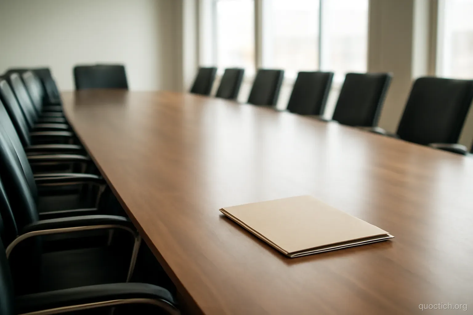 a long conference table with many empty chairs and a single closed folder at one end