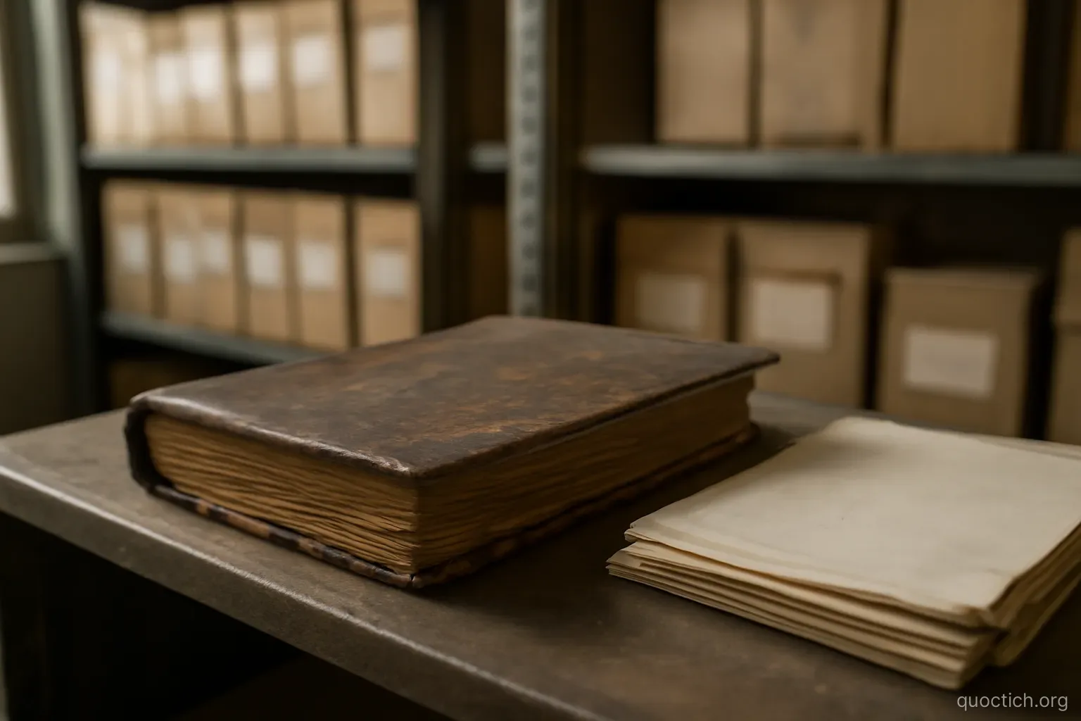 a weathered leather-bound ledger lying closed on a shelf beside a small stack of loose papers in an archive room