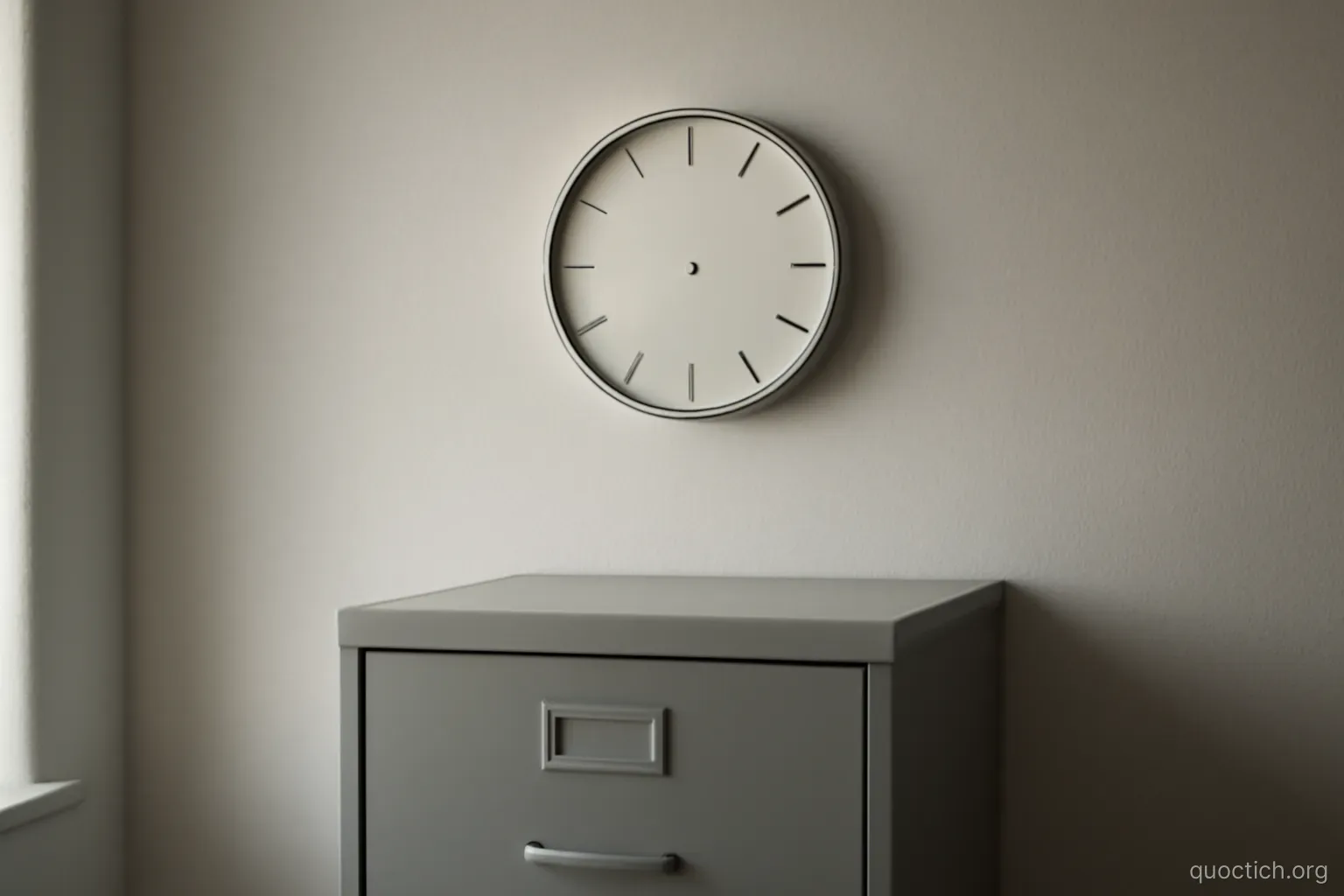 a clock face with no hands mounted on a plain wall above an empty filing cabinet