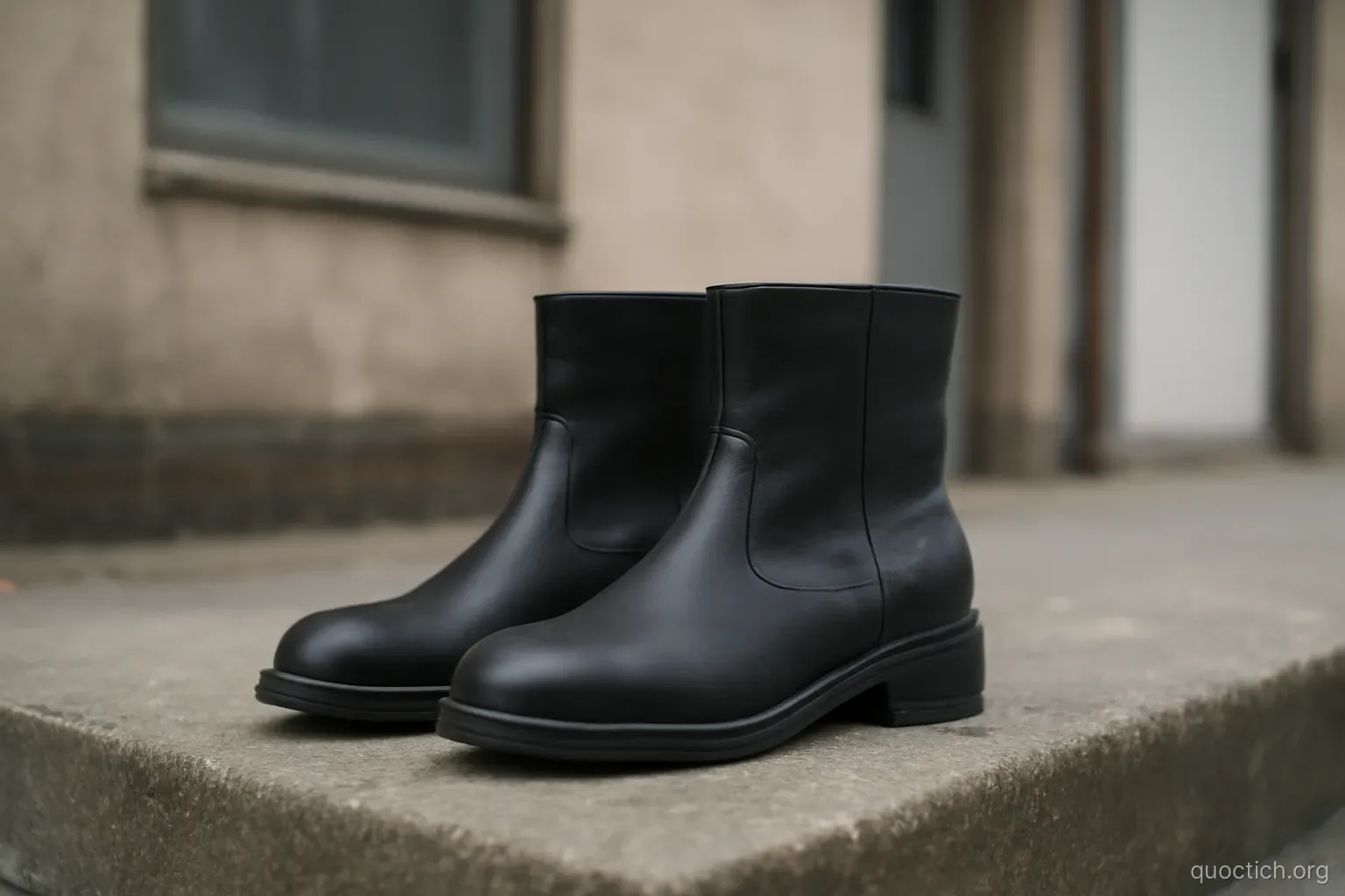 a pair of plain boots placed side by side on a concrete step outside a low building