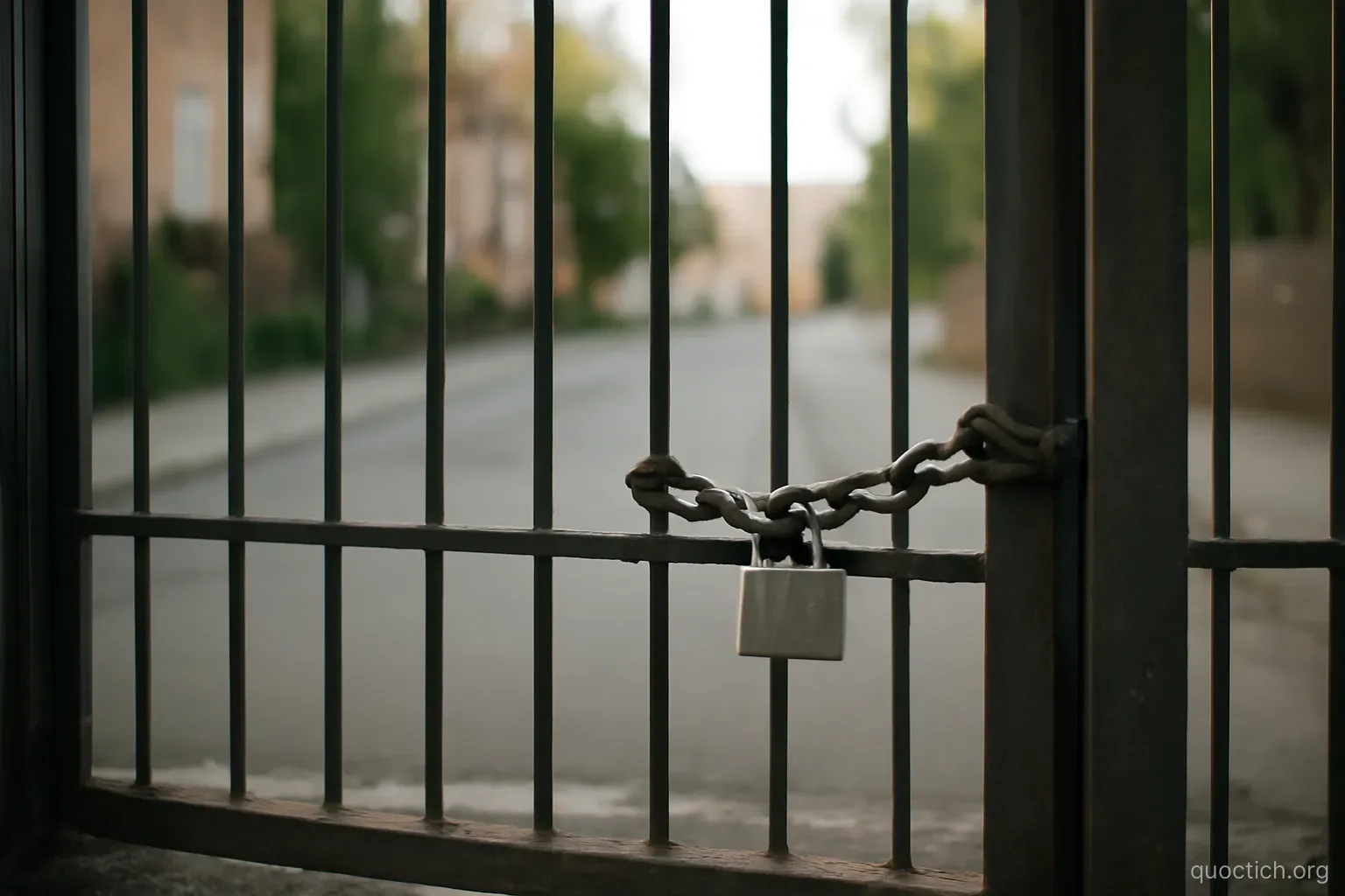 a locked gate with a gap wide enough to see an ordinary street on the other side