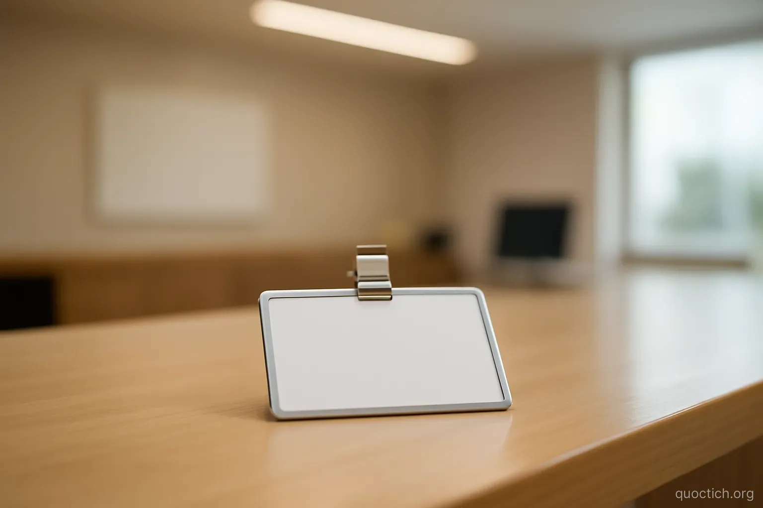 a blank name tag lying face up on an empty reception counter under flat overhead light