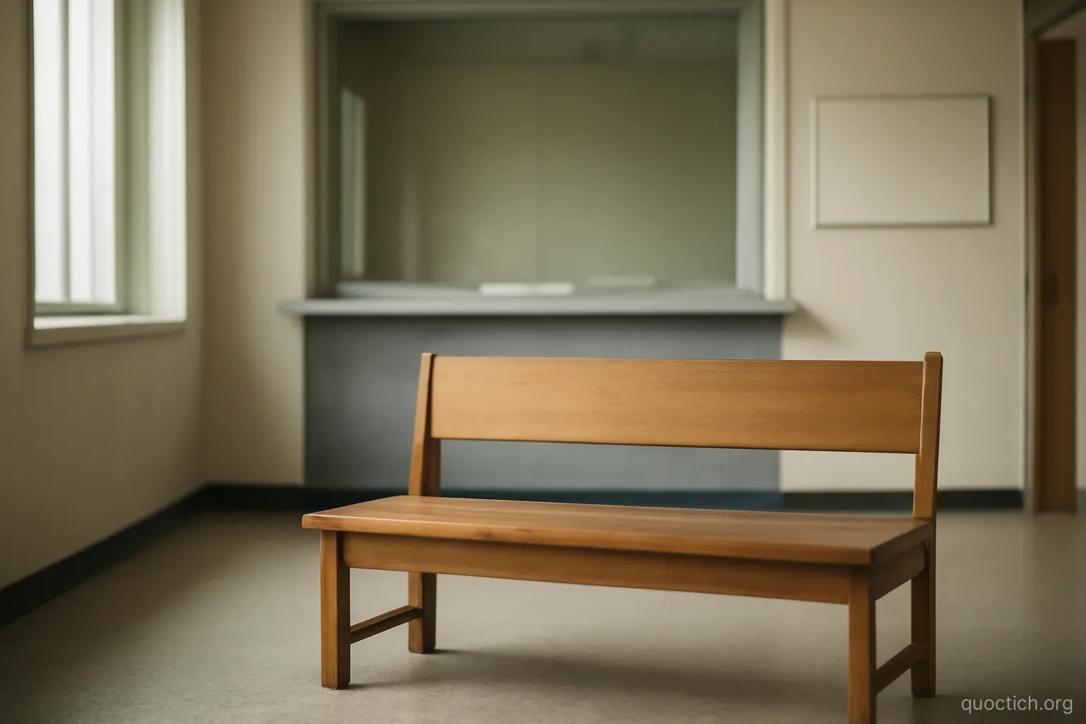 a plain wooden bench in a quiet government waiting area with an empty counter window behind it