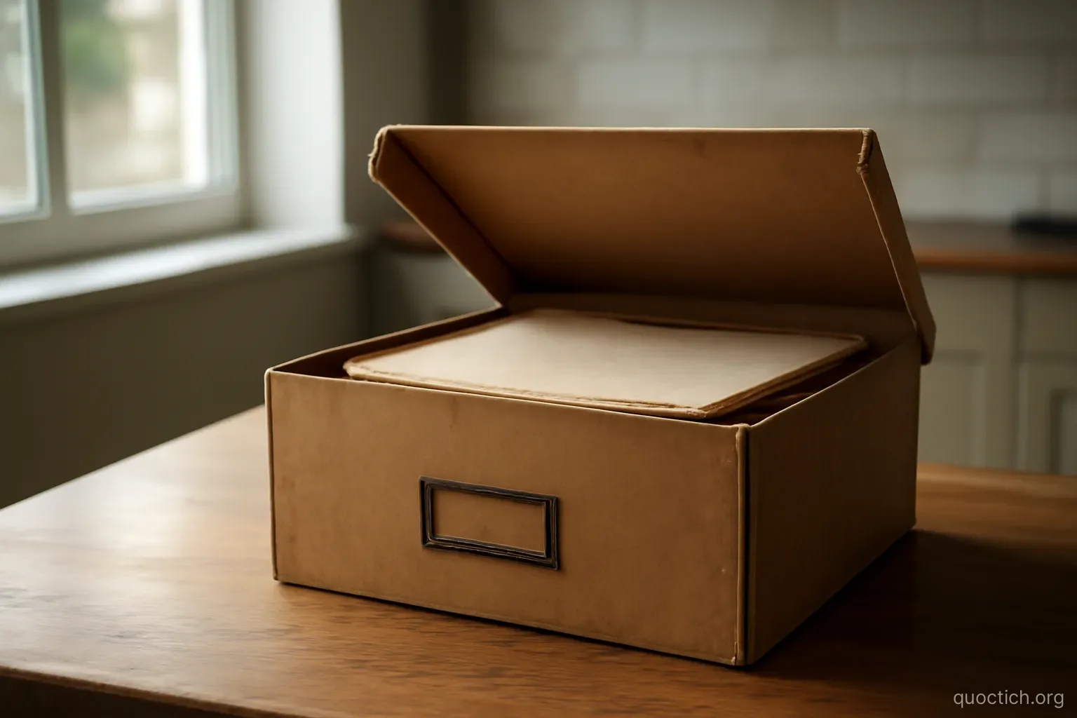 an old cardboard document box open on a kitchen table with yellowed papers stacked inside, daylight from a side window