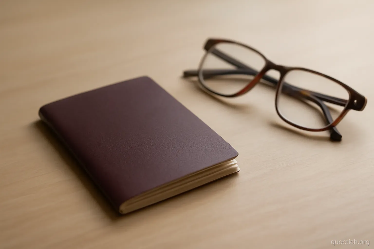a single closed passport lying at an angle on a plain desk beside a folded pair of reading glasses