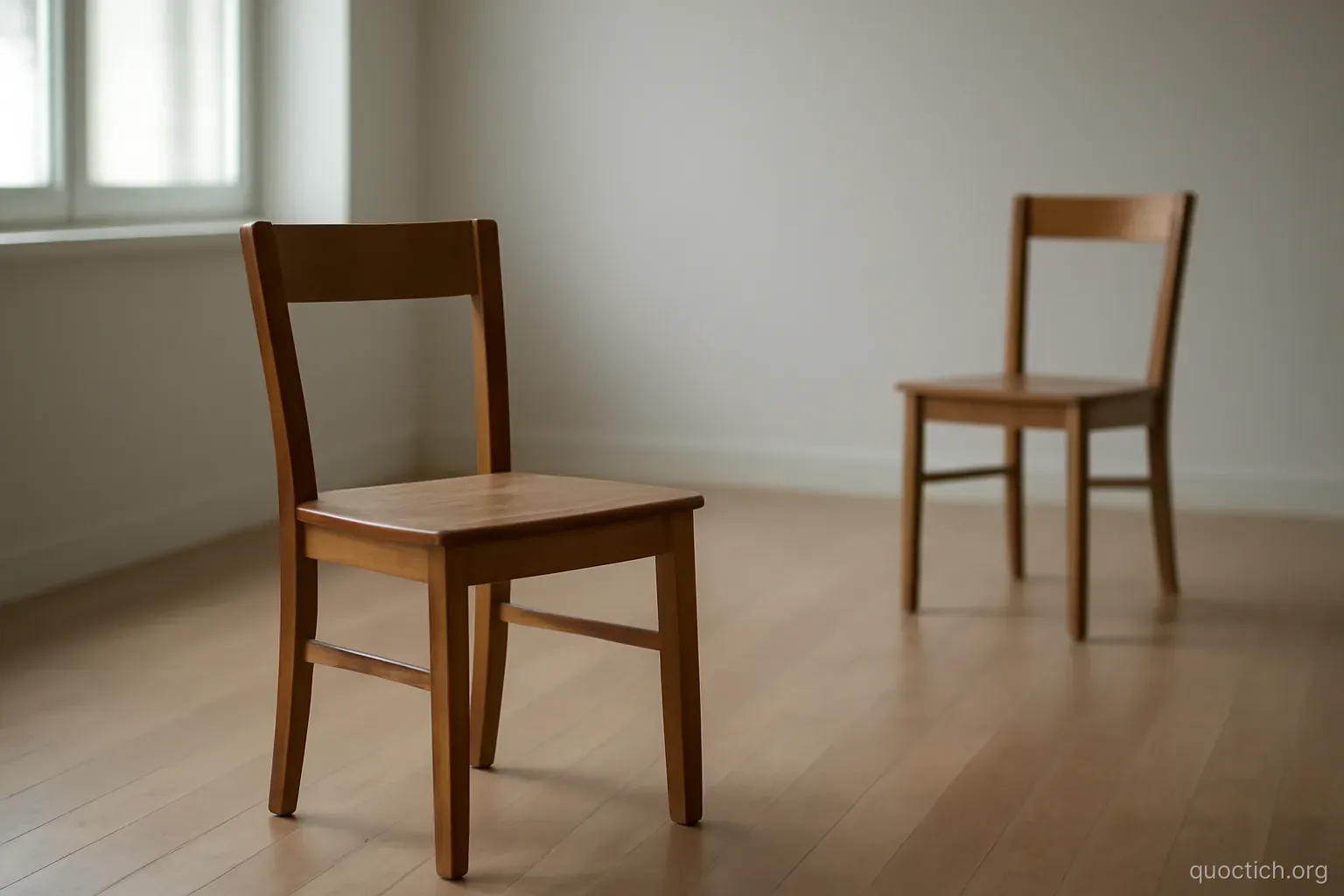 a single wooden chair and a pair of wooden chairs placed apart in an empty bright room