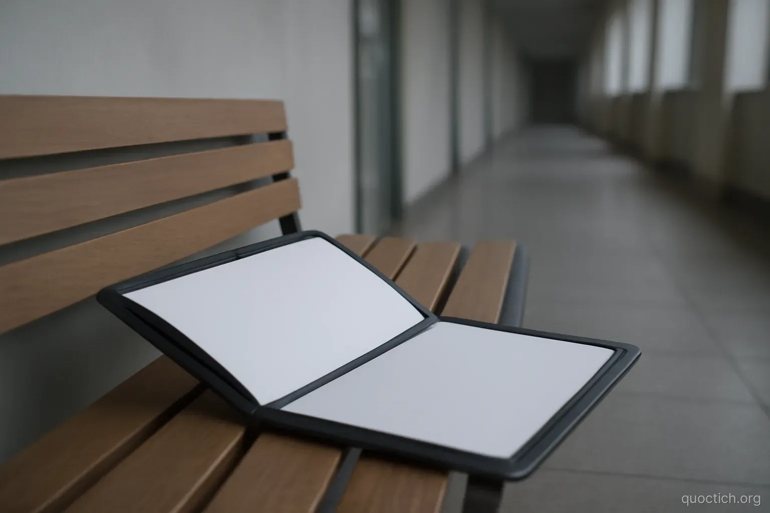 an empty document holder lying open on a bench in a quiet corridor, cold even light