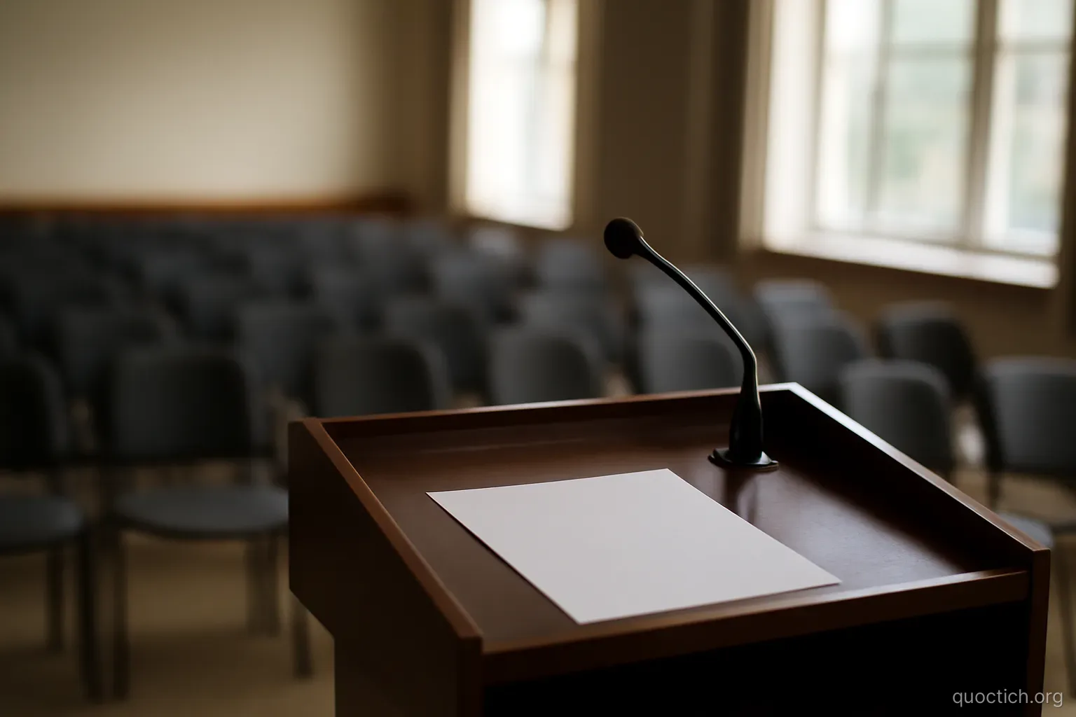 an empty lectern facing rows of vacant chairs in a municipal hall, natural window light