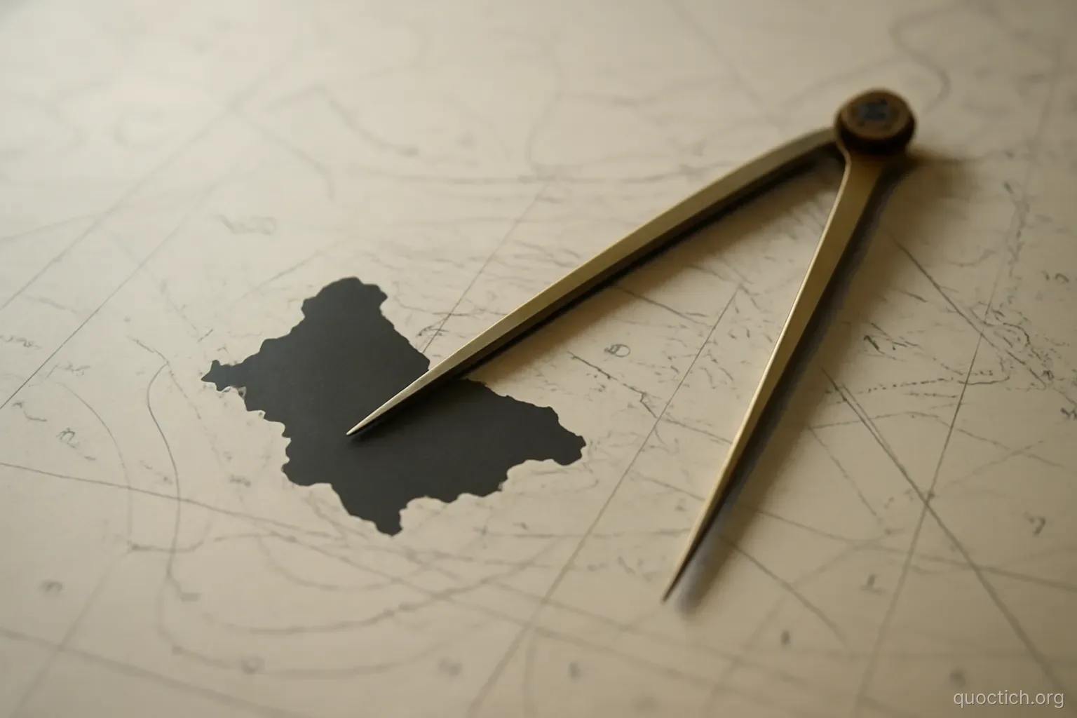 a small island silhouette on a nautical chart with a pair of dividers resting across it, overhead view