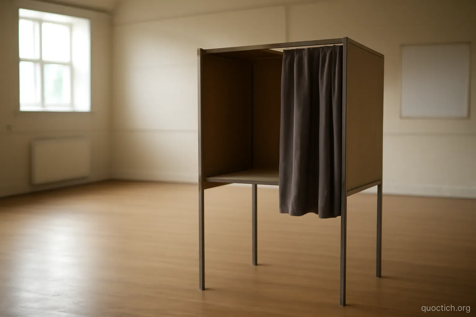 an empty voting booth with a curtain drawn back inside a plain community hall