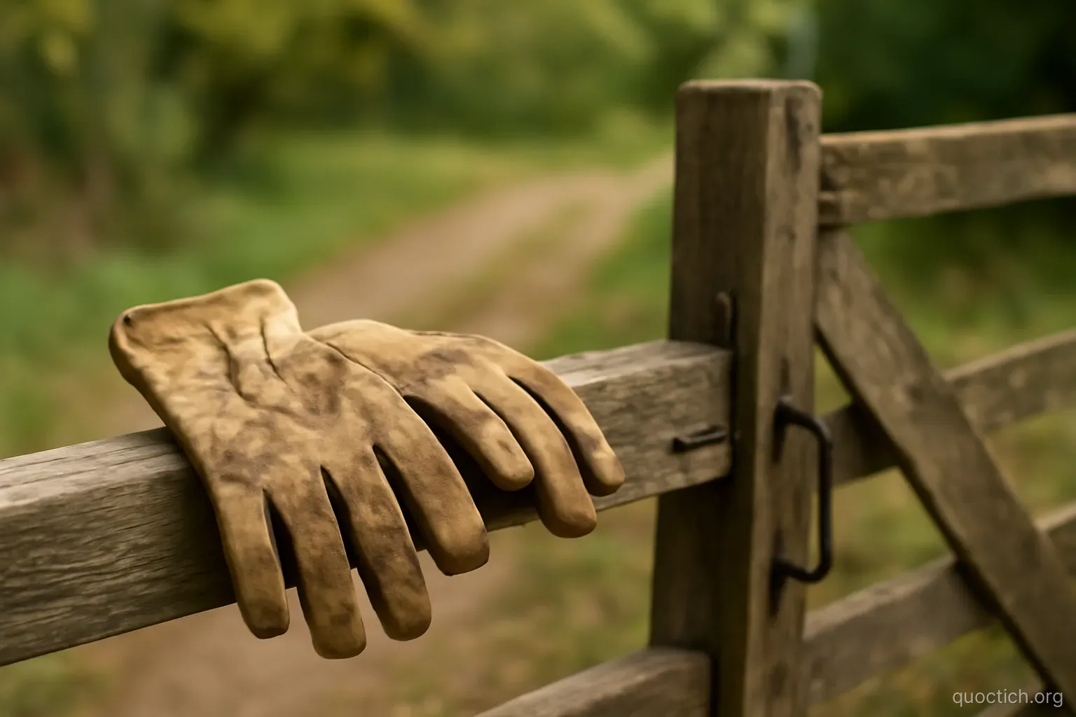 a pair of worn work gloves resting on a wooden fence rail beside an open gate