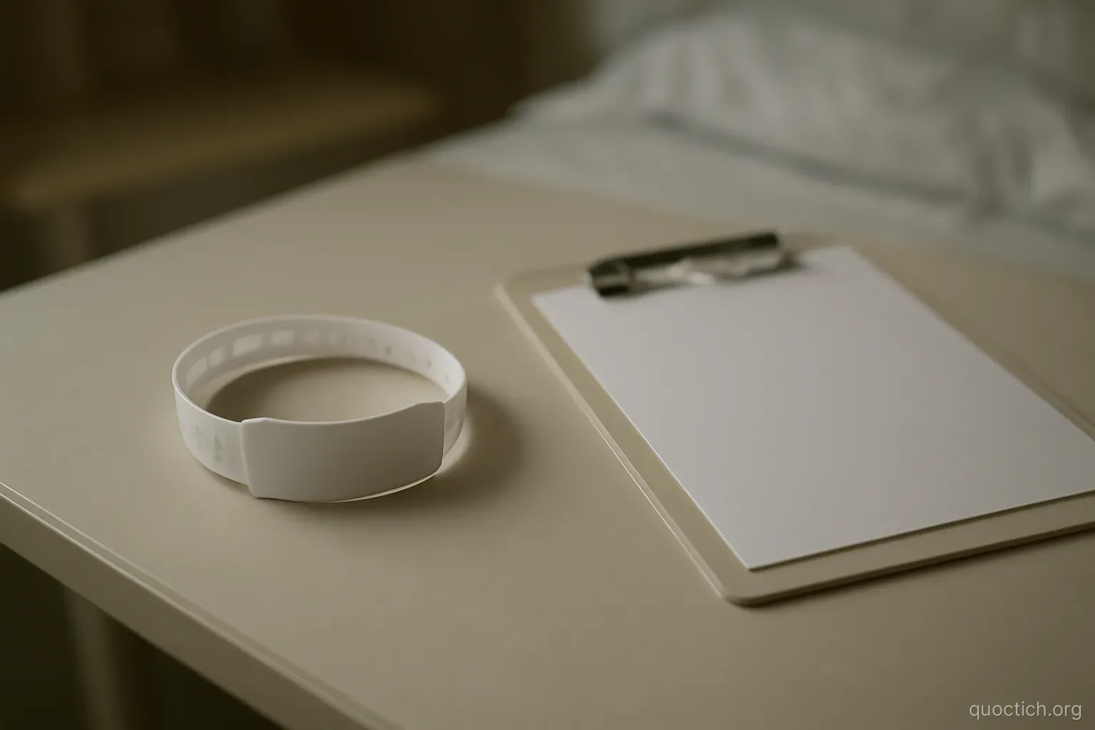 a hospital wristband and a blank form lying side by side on a pale bedside table