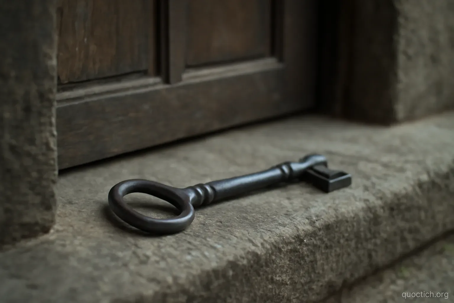 a heavy iron key lying on a stone ledge beside a closed wooden door, muted daylight