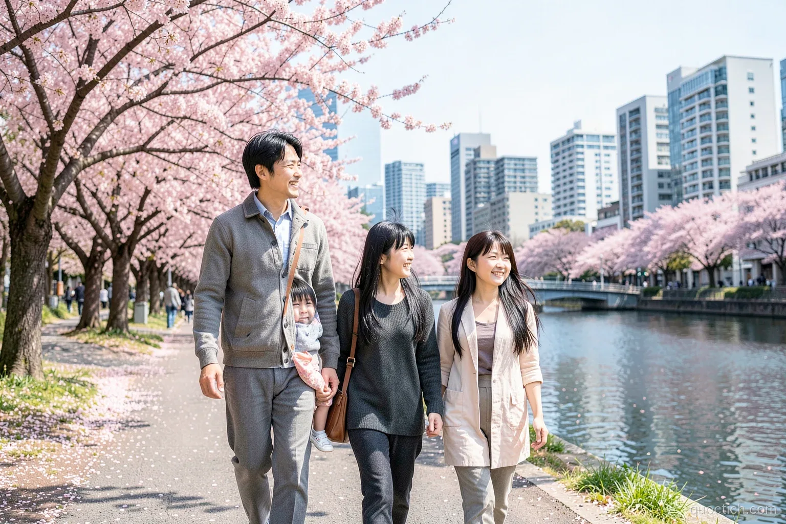 Vietnamese Japanese family of three walking under blooming cherry trees along the Meguro River in Tokyo, pink petals and modern low-rise buildings, medium shot, bright spring morning