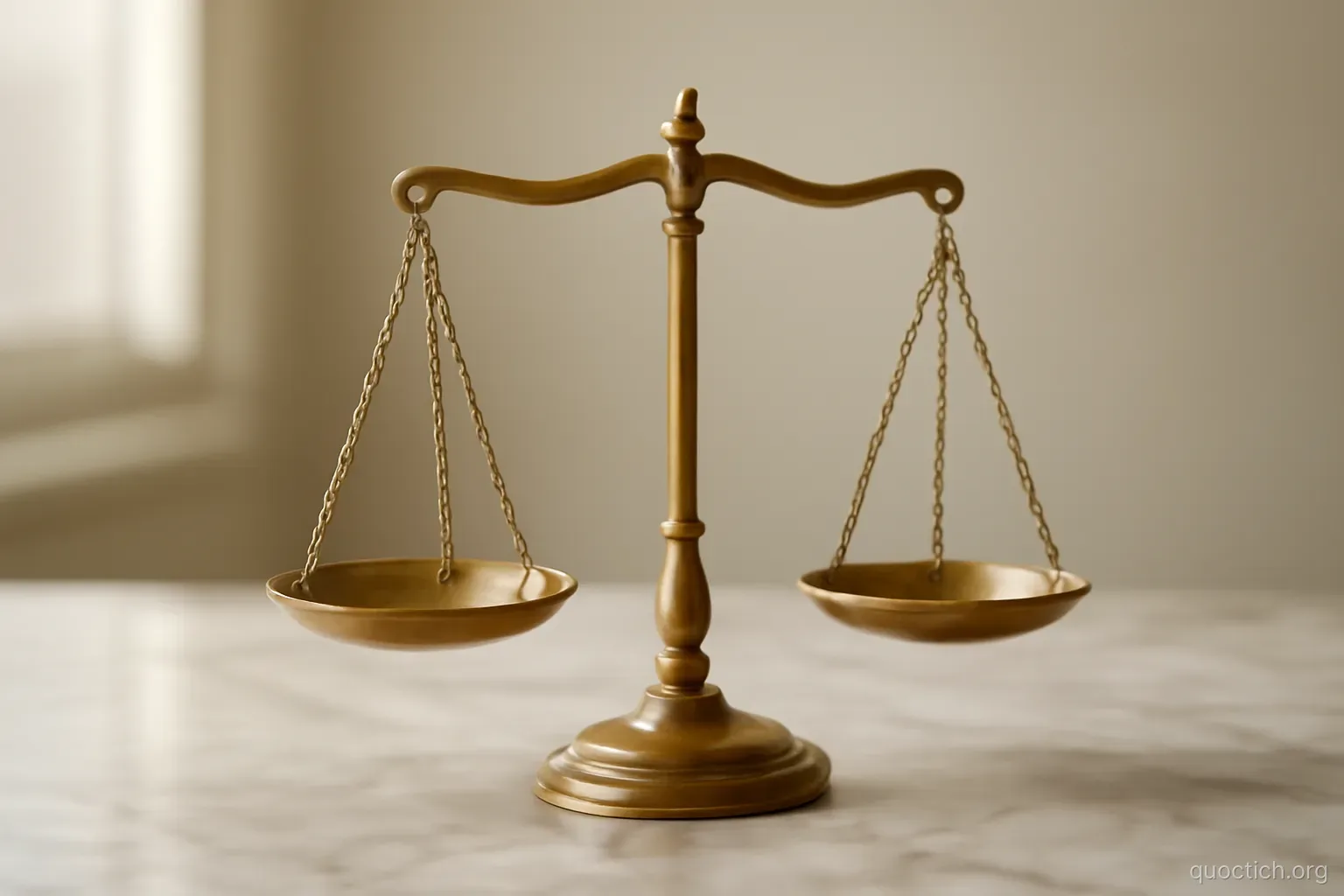 a set of brass scales standing unbalanced on a marble surface with nothing in either pan