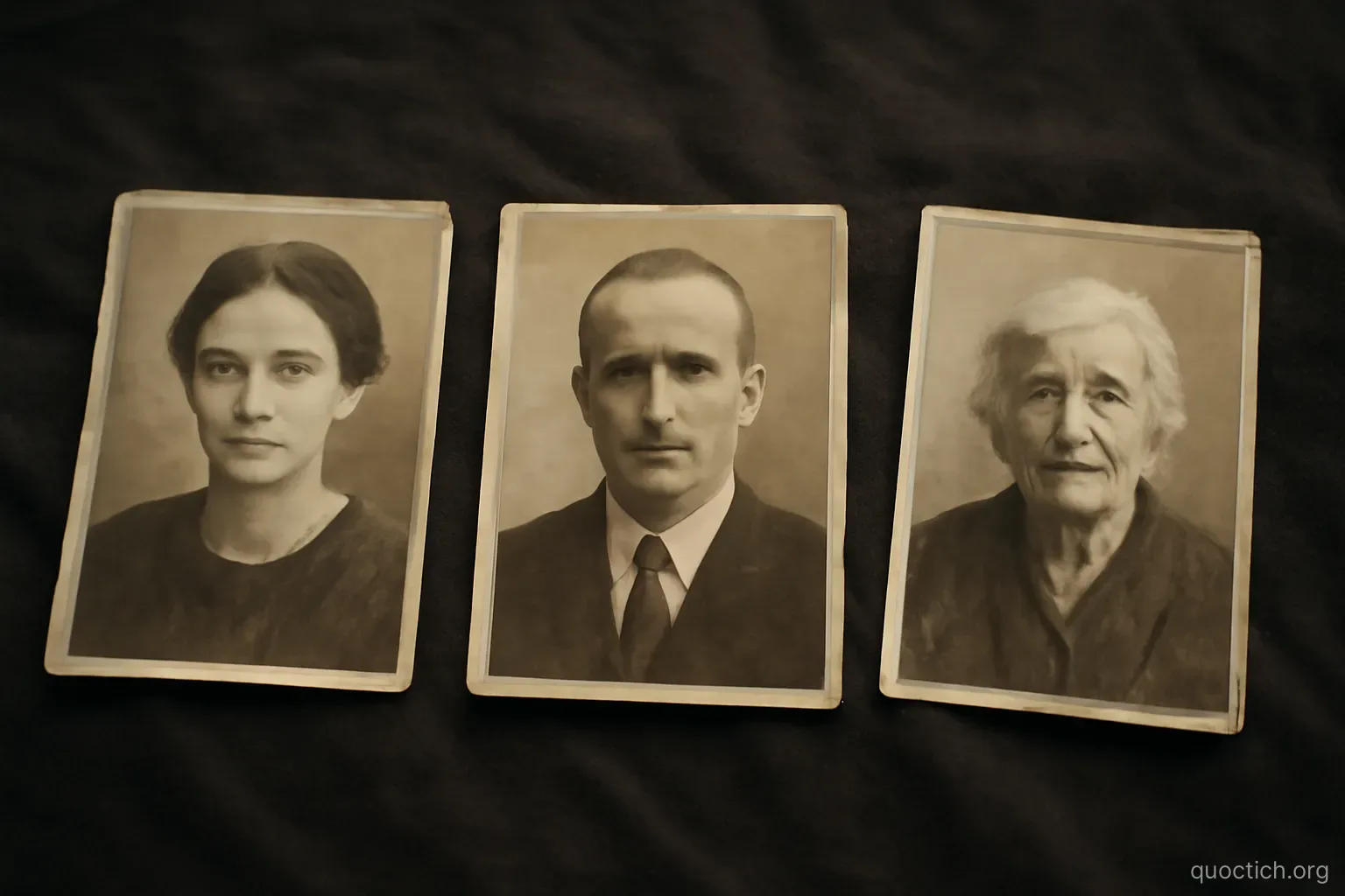 three generations of faded family photographs laid out in a row on a dark cloth, top-down view