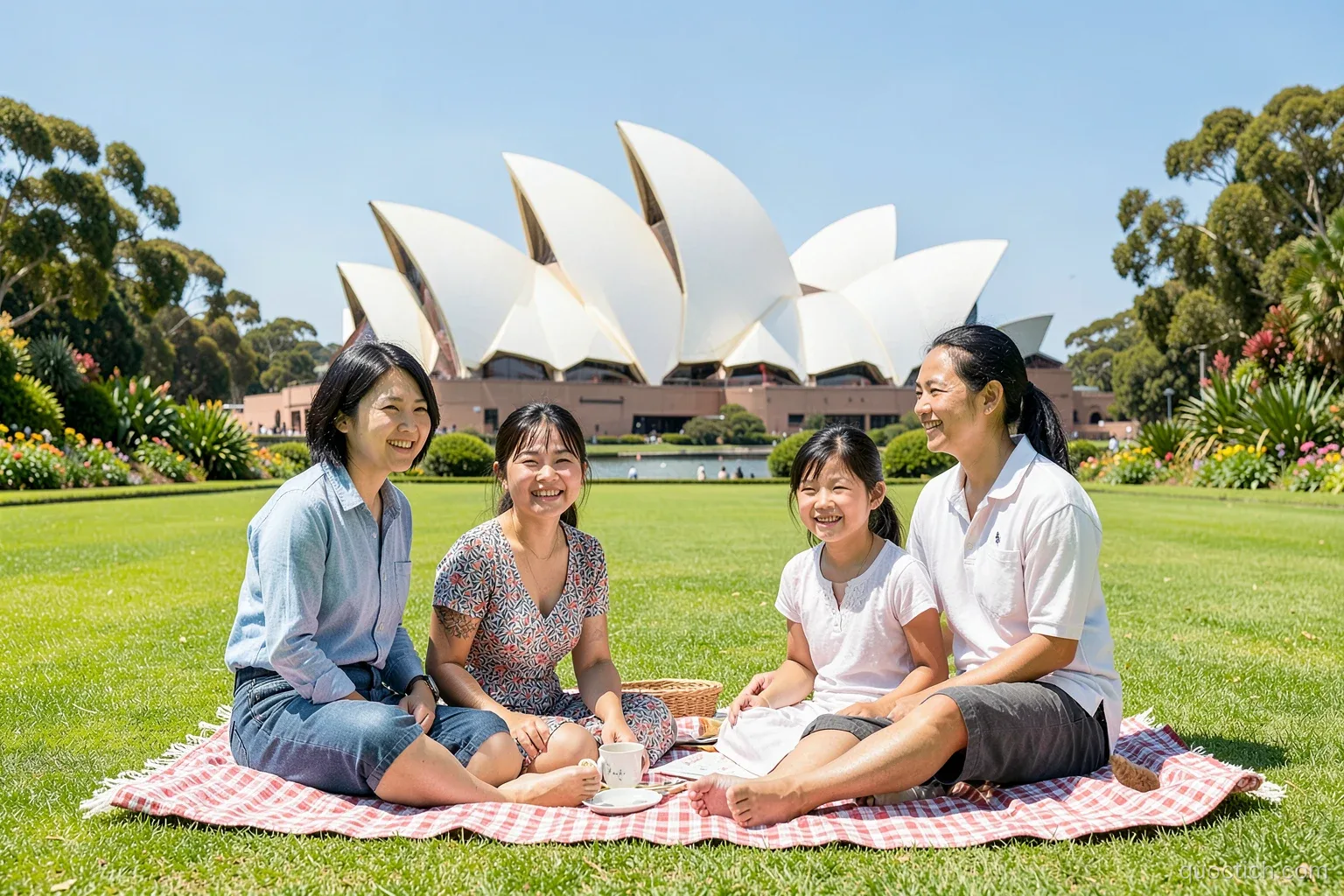 Vietnamese Australian family of four having a picnic on the green lawn of the Sydney Royal Botanic Garden with the white sails of the Opera House behind, wide shot, sunny