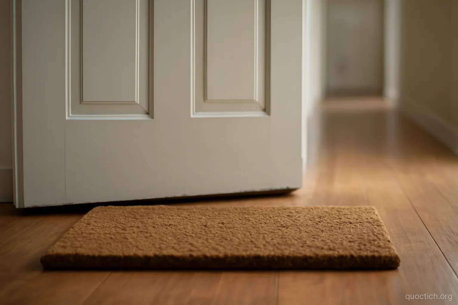 a doormat at a threshold with a closed door behind it and an empty hallway beyond