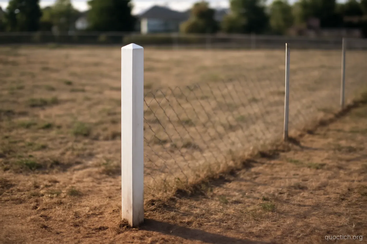 a surveyor marker post standing at the corner of a fenced empty plot of land