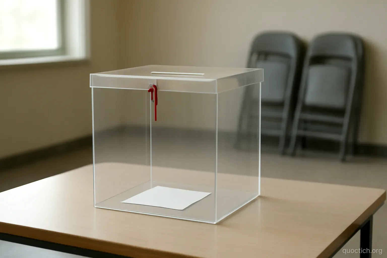 a sealed ballot box standing alone on a table in an empty room with folding chairs stacked