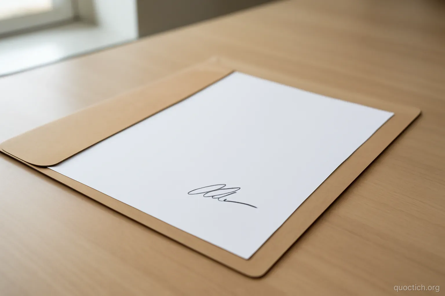 a single signed sheet of paper placed inside an open folder on a bare office desk