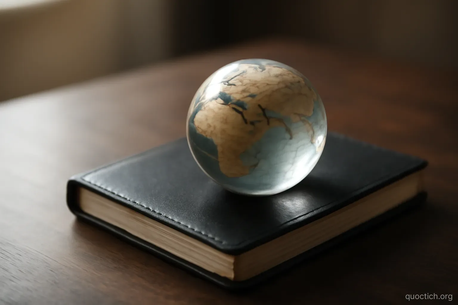 a globe paperweight sitting on top of a closed ledger book on a dark wooden desk