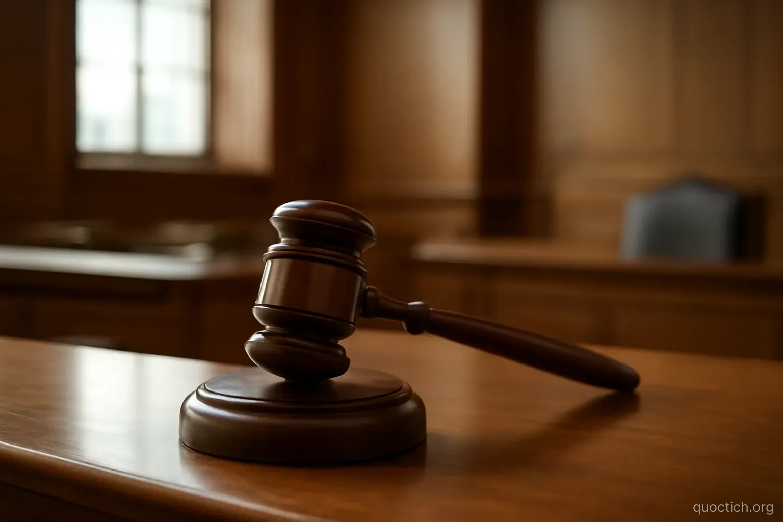 a judges gavel resting on its block on an empty bench in a quiet courtroom