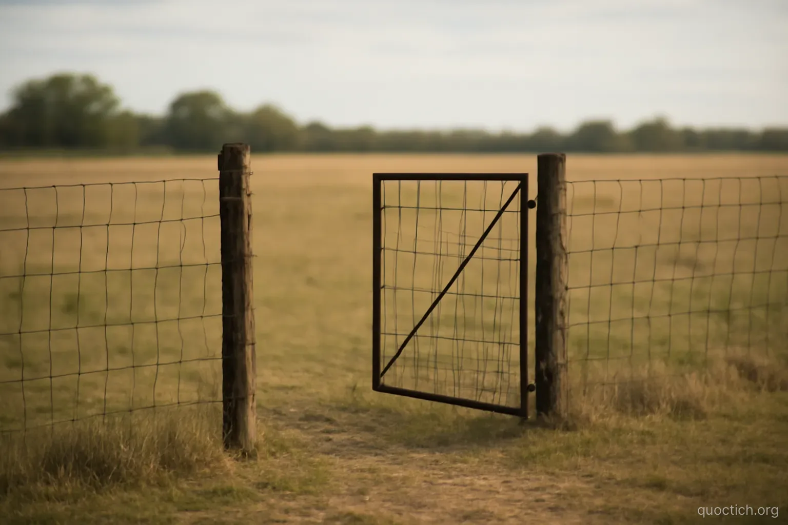 a straight fence line with one gate slightly ajar in the middle of an open field