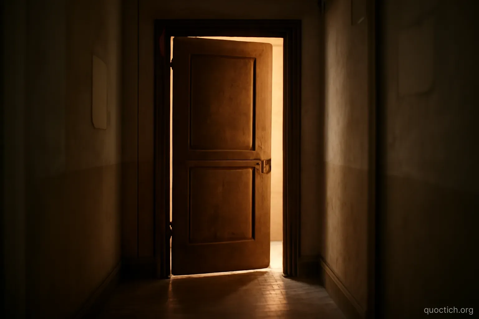 a worn wooden door slightly ajar at the end of a corridor with warm light coming through the gap